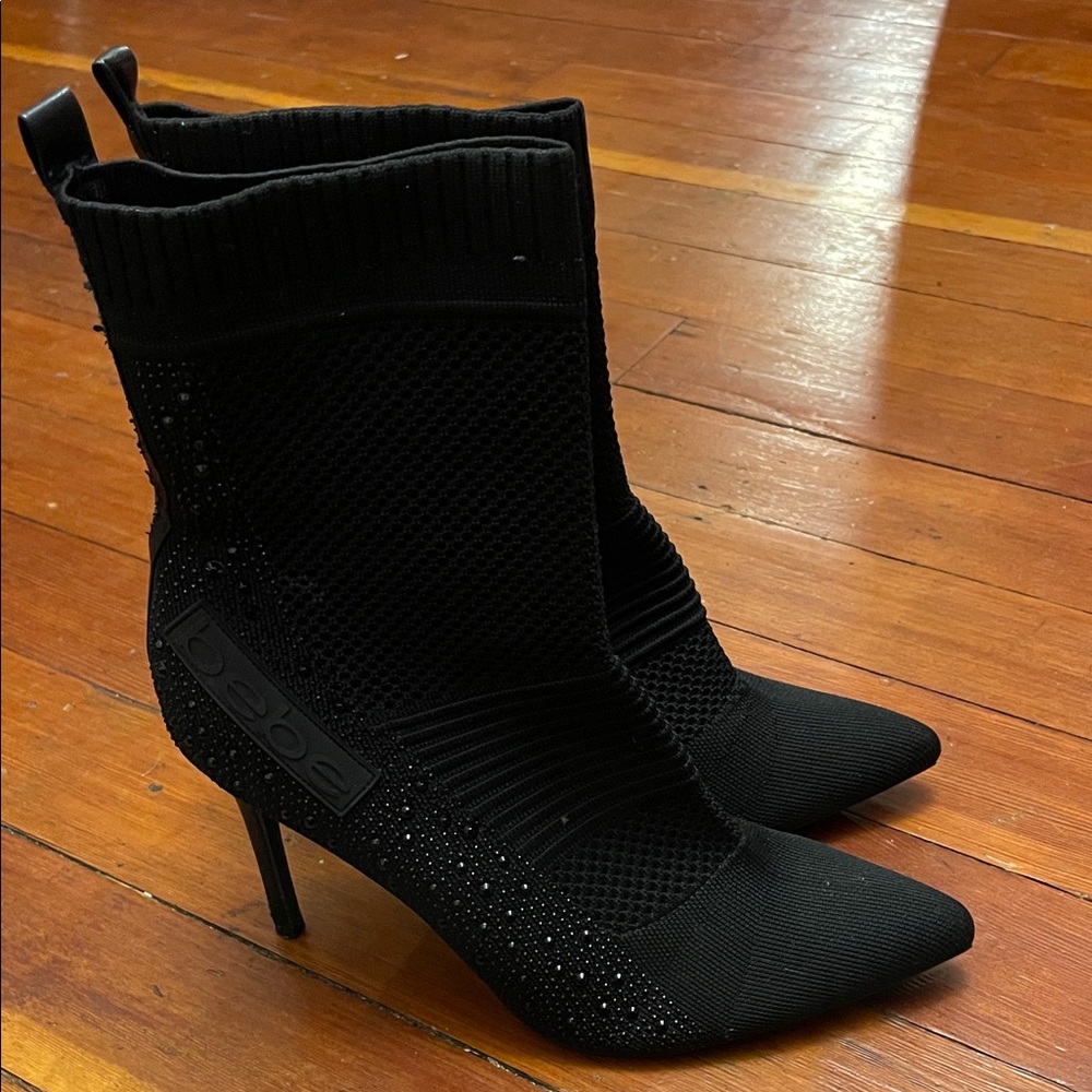 Bebe Black Sparkle Knit Heeled Boots